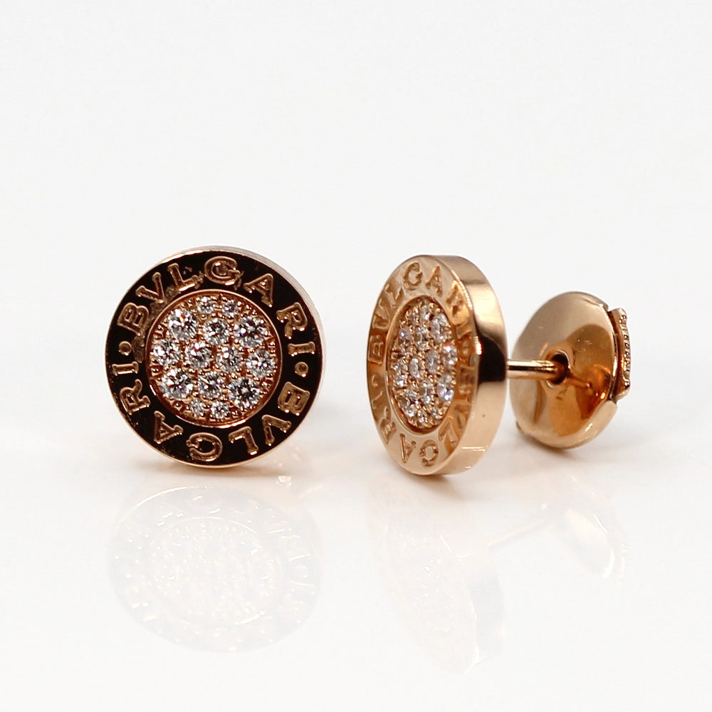 Bvlgari Bvlgari 18K Rose Gold and Diamond Disk Earrings Pair with Box and Docs.
