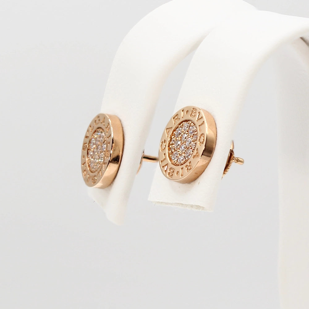 Bvlgari Bvlgari 18K Rose Gold and Diamond Disk Earrings Pair with Box and Docs.