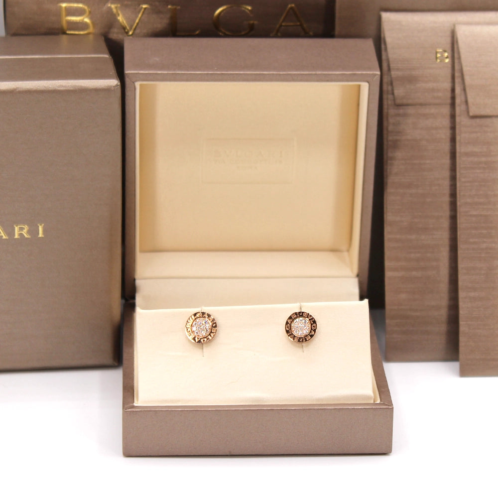 Bvlgari Bvlgari 18K Rose Gold and Diamond Disk Earrings Pair with Box and Docs.
