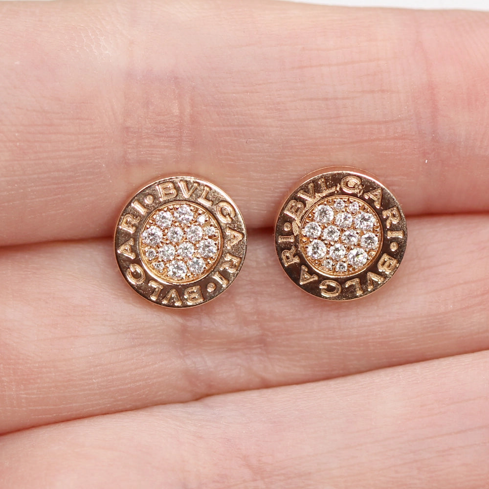Bvlgari Bvlgari 18K Rose Gold and Diamond Disk Earrings Pair with Box and Docs.