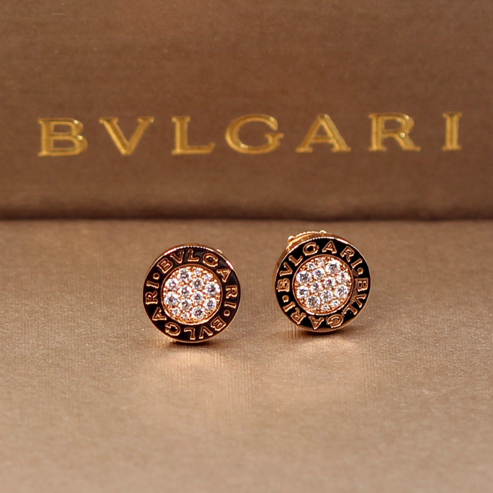 Bvlgari Bvlgari 18K Rose Gold and Diamond Disk Earrings Pair with Box and Docs.