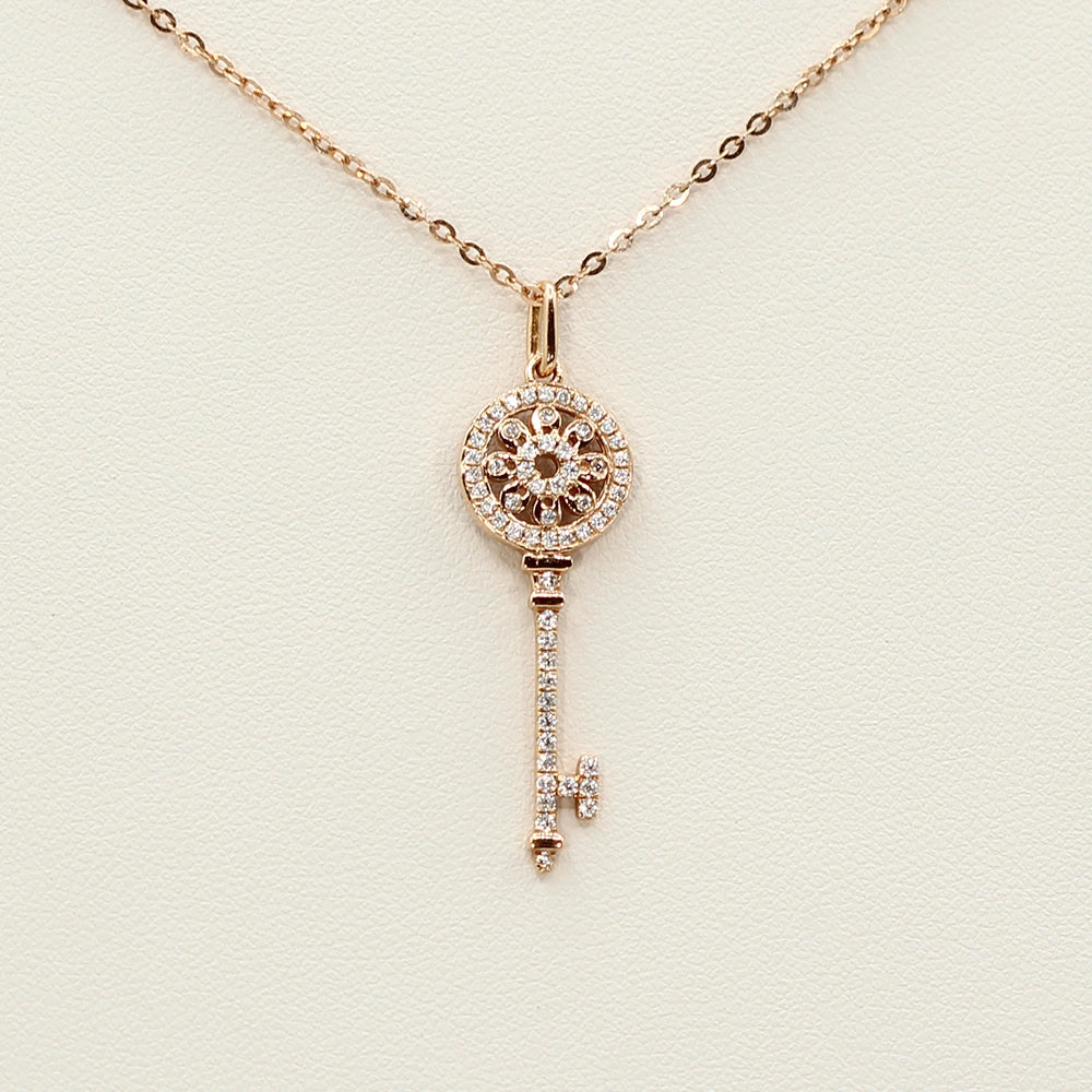 18K Rose Gold and Diamond Skeleton Key Pendant with 18 inch Chain
