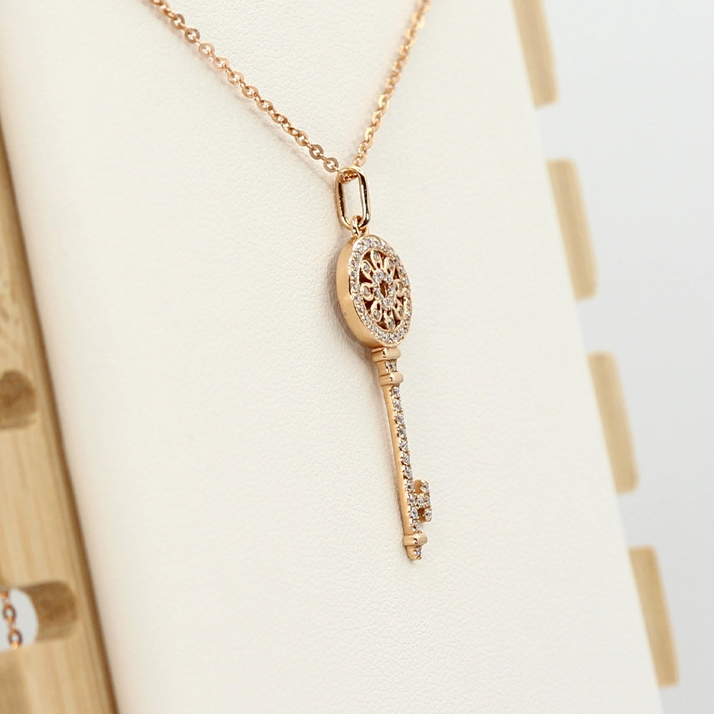18K Rose Gold and Diamond Skeleton Key Pendant with 18 inch Chain