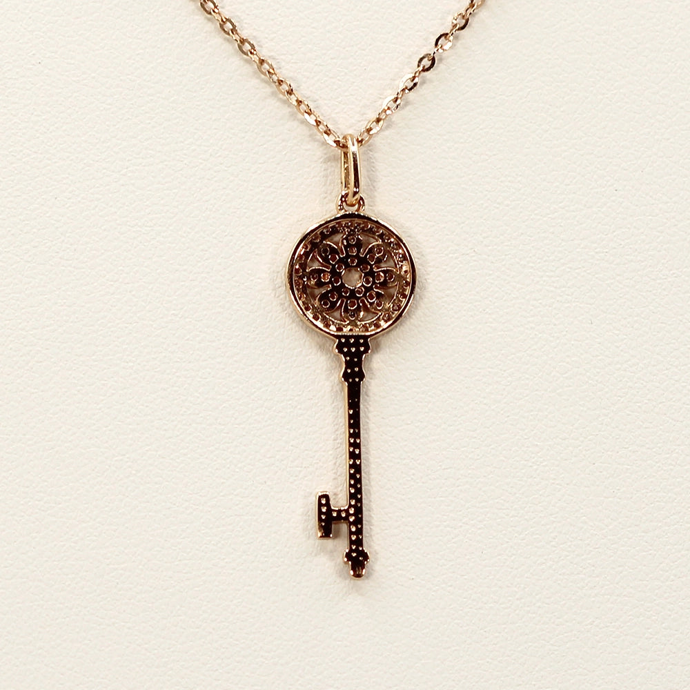 18K Rose Gold and Diamond Skeleton Key Pendant with 18 inch Chain