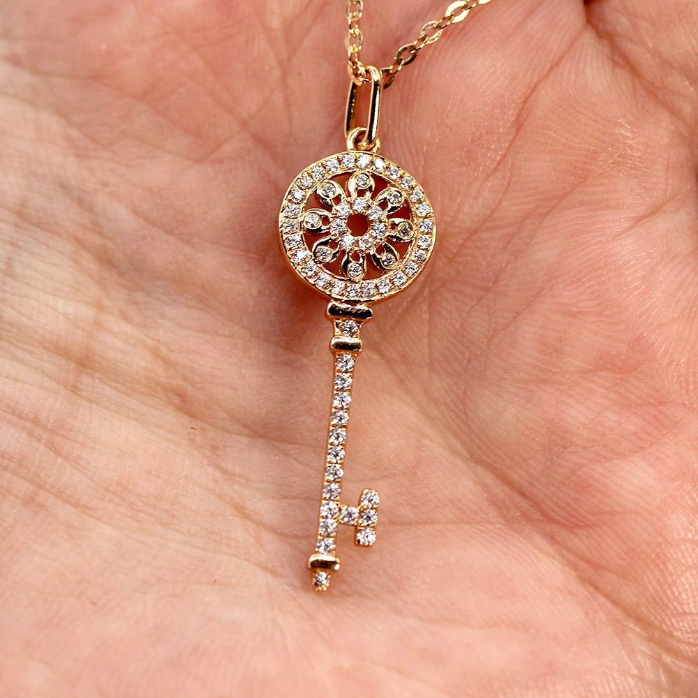 18K Rose Gold and Diamond Skeleton Key Pendant with 18 inch Chain