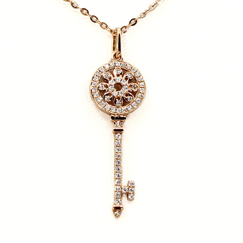 18K Rose Gold and Diamond Skeleton Key Pendant with 18 inch Chain