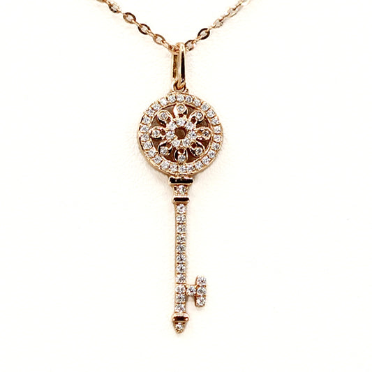 18K Rose Gold and Diamond Skeleton Key Pendant with 18 inch Chain