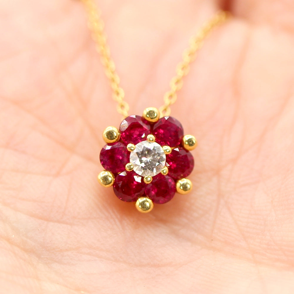 18K Yellow Gold Ruby and Diamond Flower Pendant with Chain