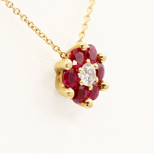 18K Yellow Gold Ruby and Diamond Flower Pendant with Chain