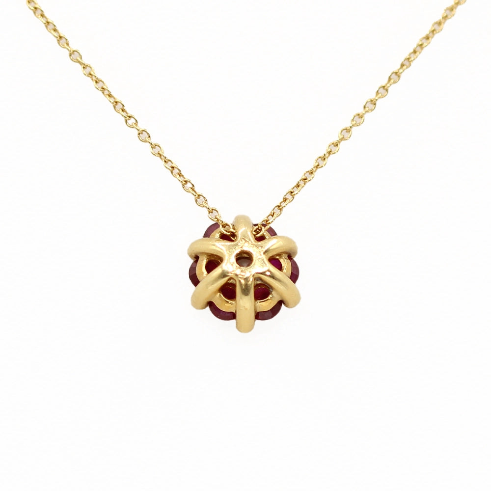 18K Yellow Gold Ruby and Diamond Flower Pendant with Chain