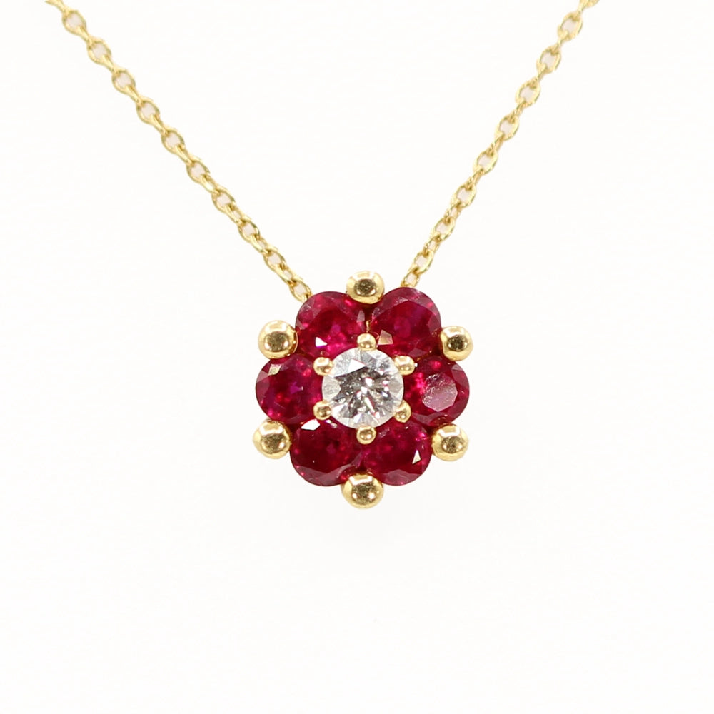 18K Yellow Gold Ruby and Diamond Flower Pendant with Chain