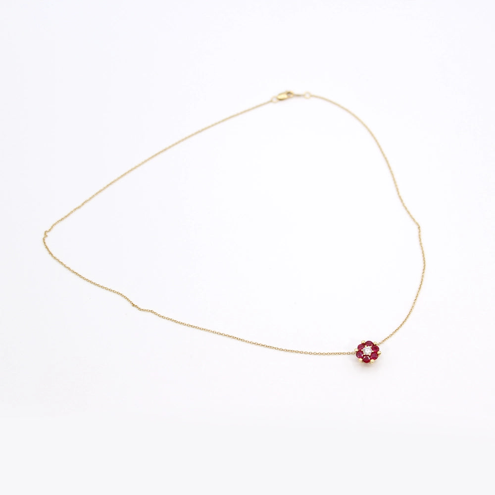 18K Yellow Gold Ruby and Diamond Flower Pendant with Chain