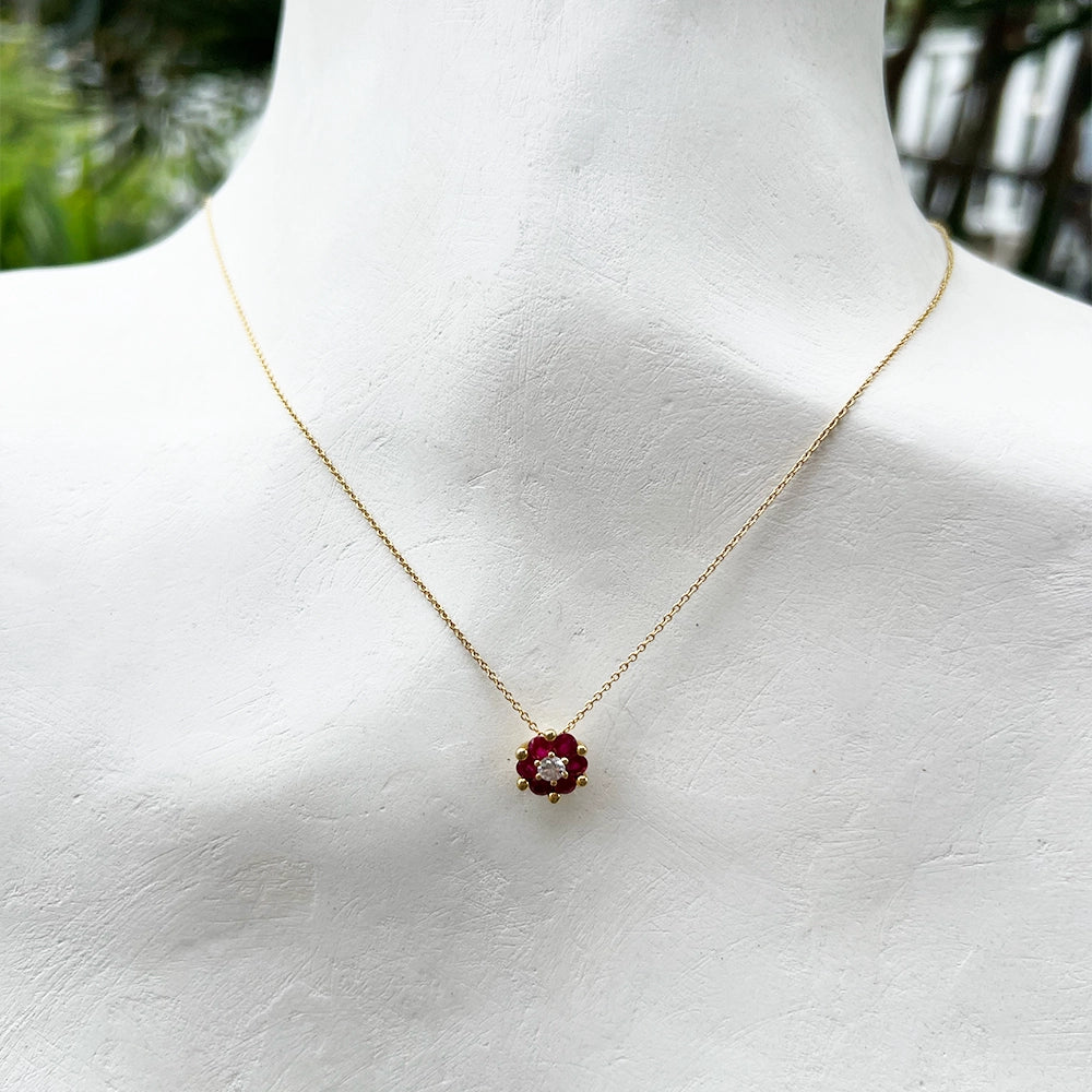 18K Yellow Gold Ruby and Diamond Flower Pendant with Chain