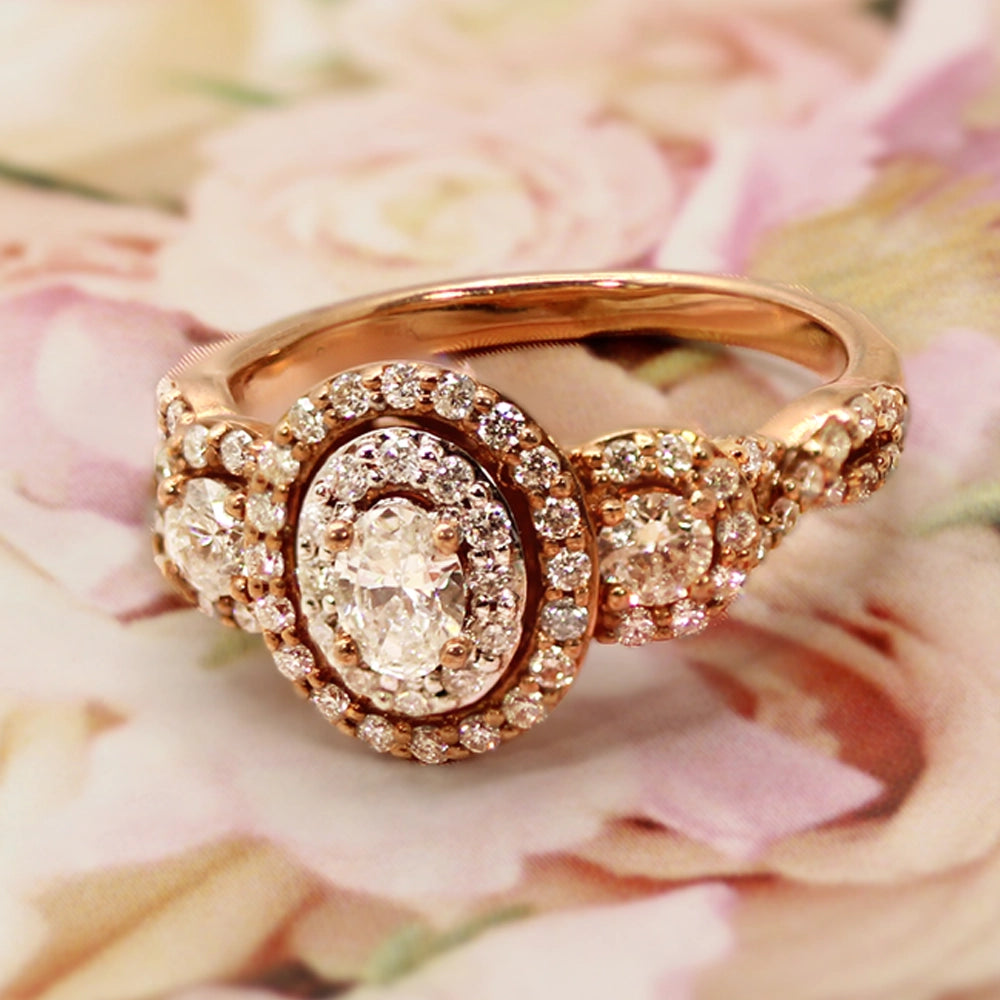 Rose Gold Three Diamond Halo Ring SIZE 6.25