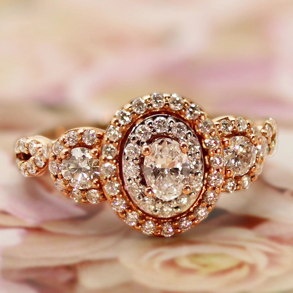 Rose Gold Three Diamond Halo Ring SIZE 6.25