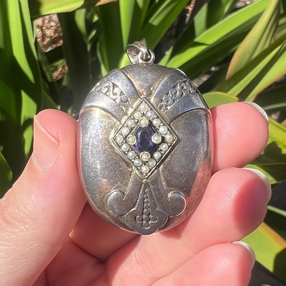 Sterling Silver Antonio Canova ‘Three Graces Dancing’ Locket with Amethyst and Pearls