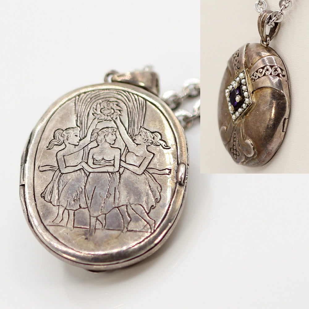 Sterling Silver Antonio Canova ‘Three Graces Dancing’ Locket with Amethyst and Pearls