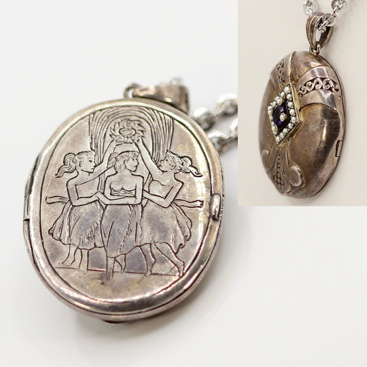 Sterling Silver Antonio Canova ‘Three Graces Dancing’ Locket with Amethyst and Pearls