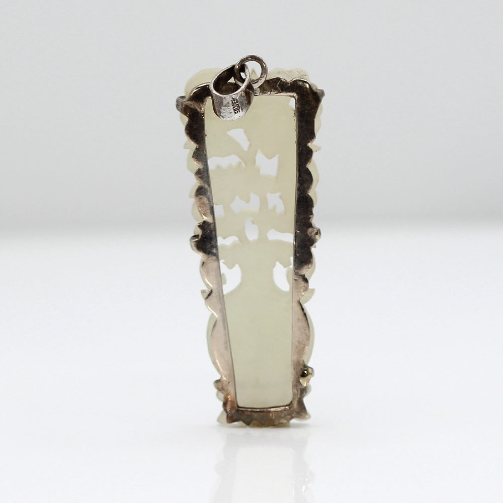 Carved Mutton Fat White Jade Flowers in Vase Pendant with Silver Bail