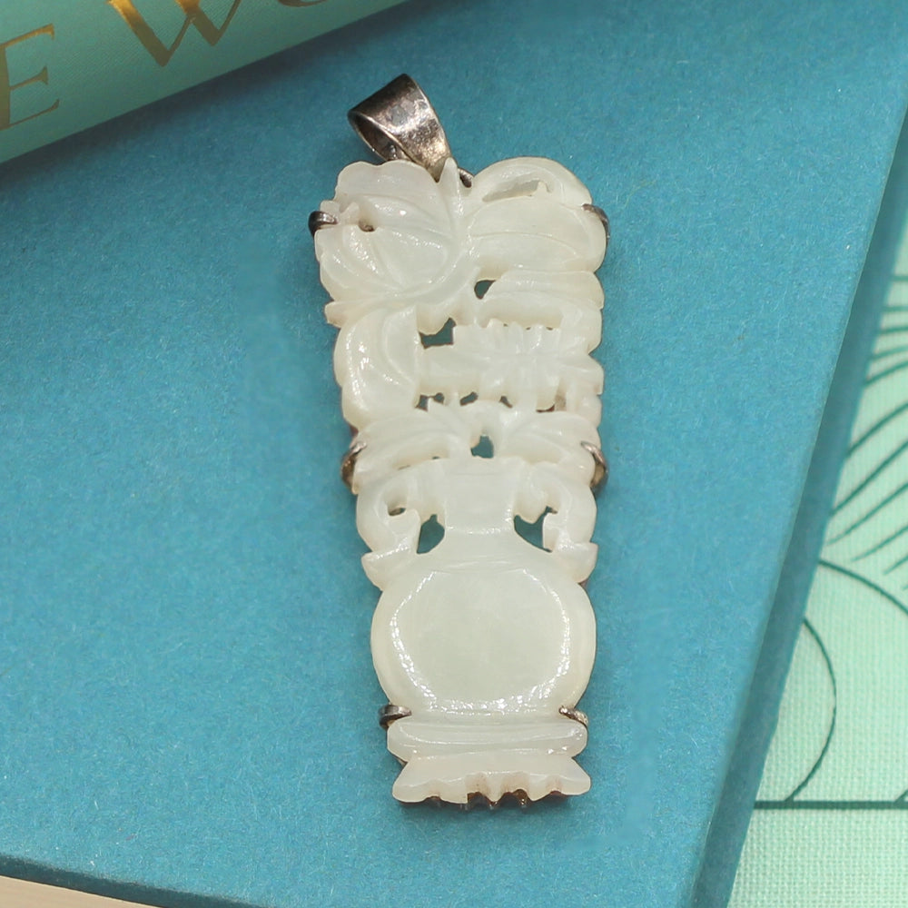 Carved Mutton Fat White Jade Flowers in Vase Pendant with Silver Bail