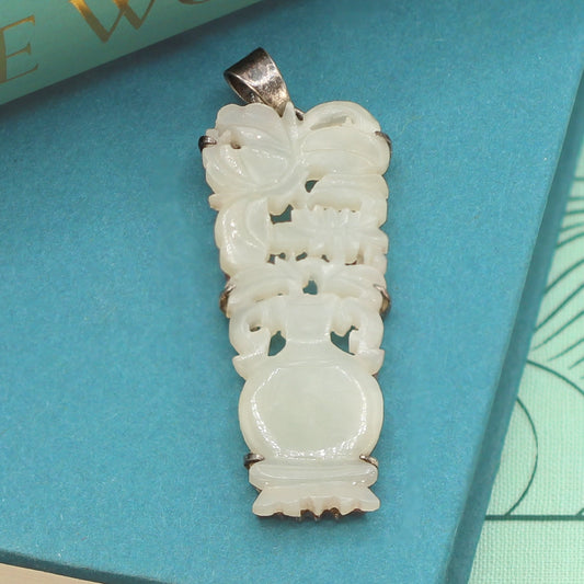 Carved Mutton Fat White Jade Flowers in Vase Pendant with Silver Bail