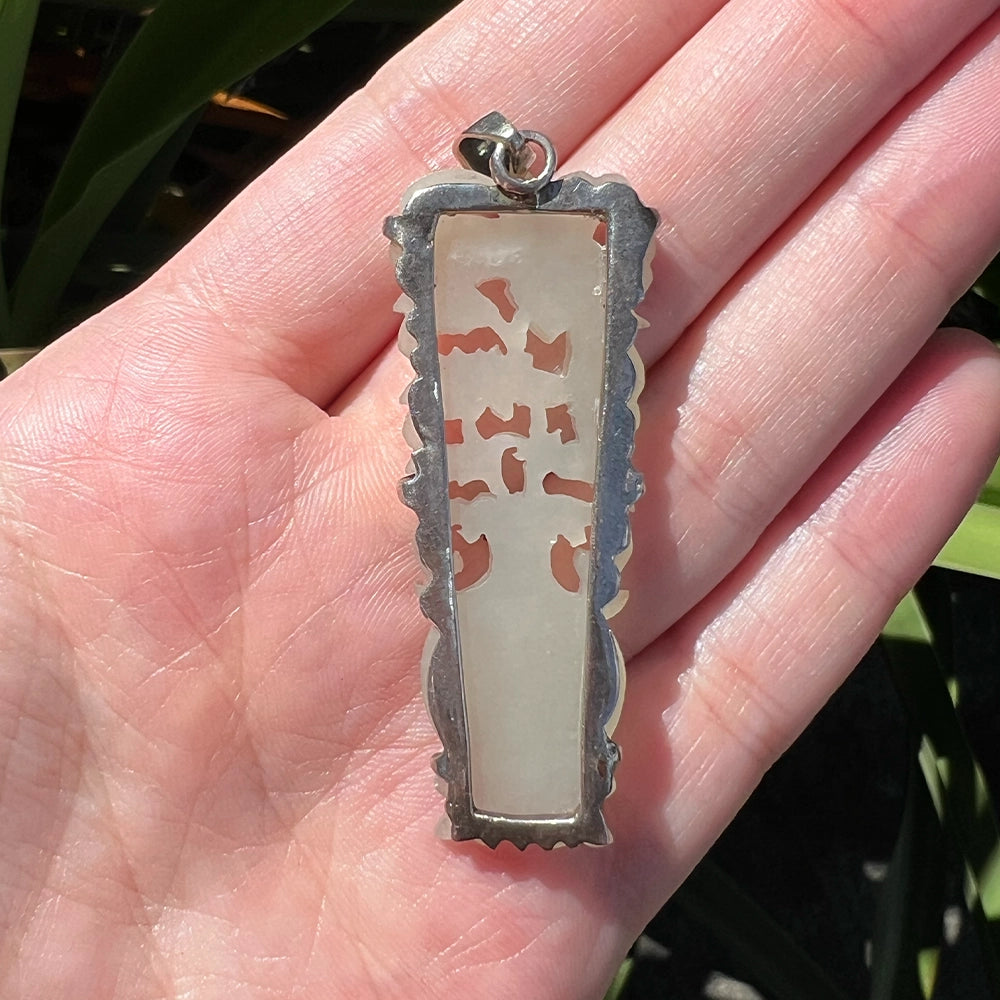 Carved Mutton Fat White Jade Flowers in Vase Pendant with Silver Bail