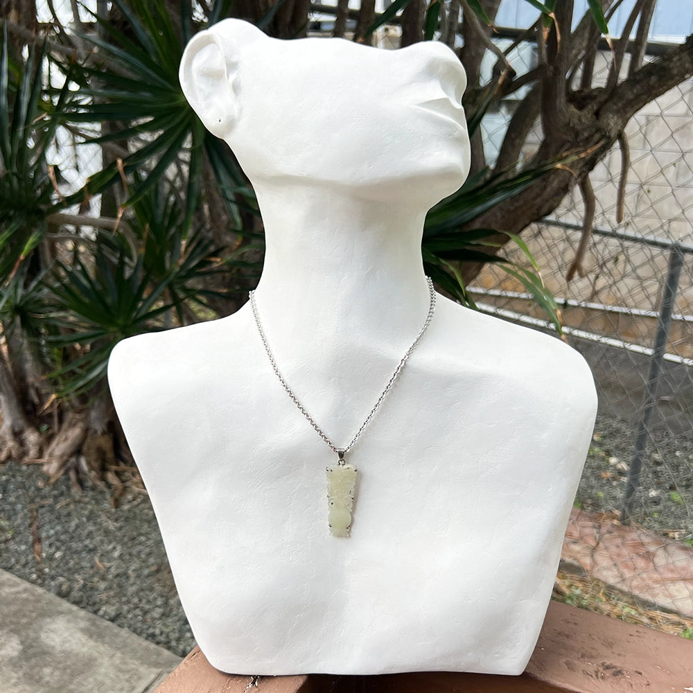 Carved Mutton Fat White Jade Flowers in Vase Pendant with Silver Bail