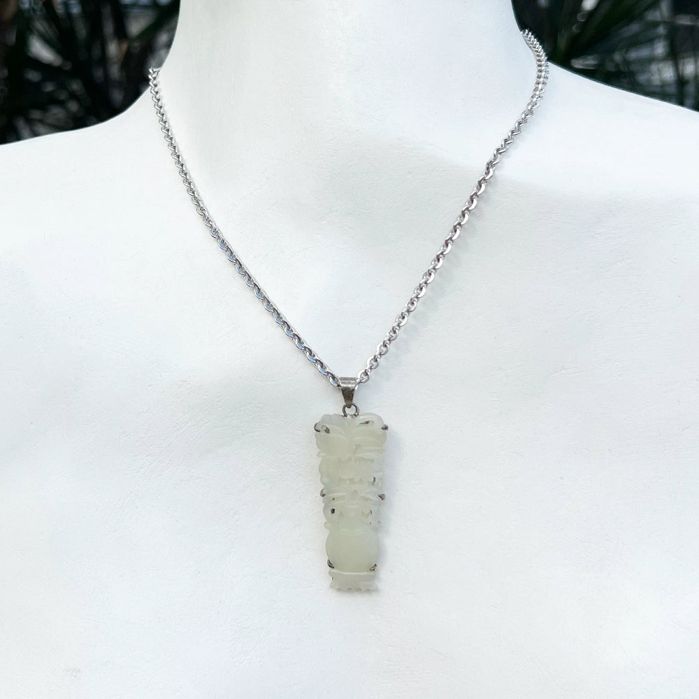 Carved Mutton Fat White Jade Flowers in Vase Pendant with Silver Bail