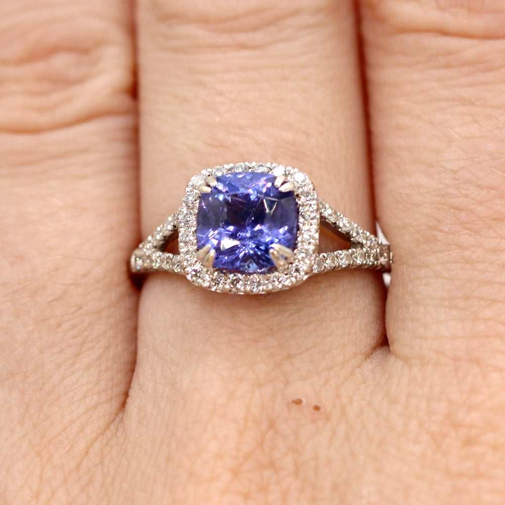 Luvente 14K White Gold Tanzanite and Diamond Halo Ring SIZE 8.25