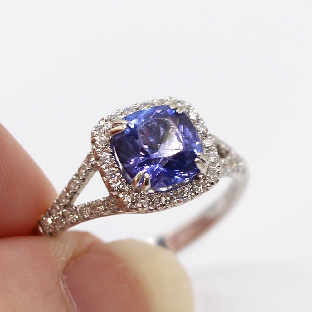 Luvente 14K White Gold Tanzanite and Diamond Halo Ring SIZE 8.25
