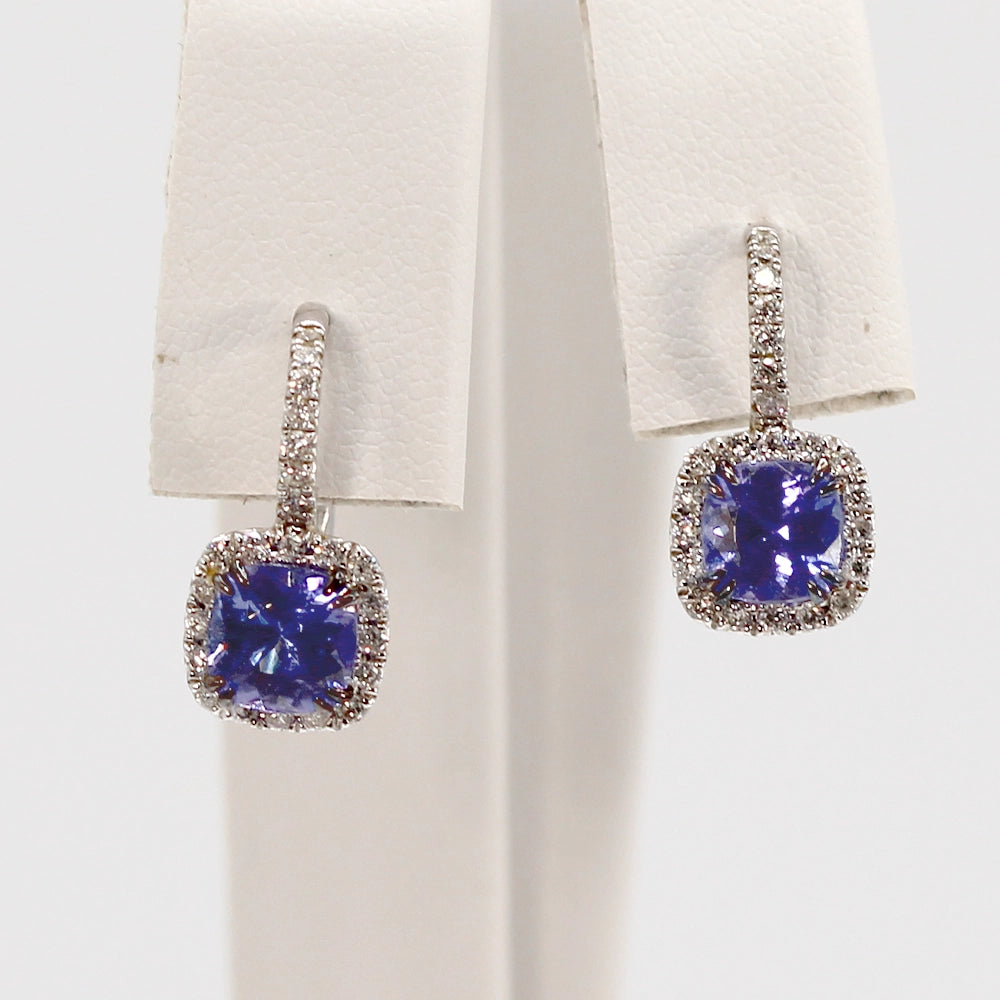 Luvente 14K White Gold Tanzanite and Diamond Halo Leverback Earrings