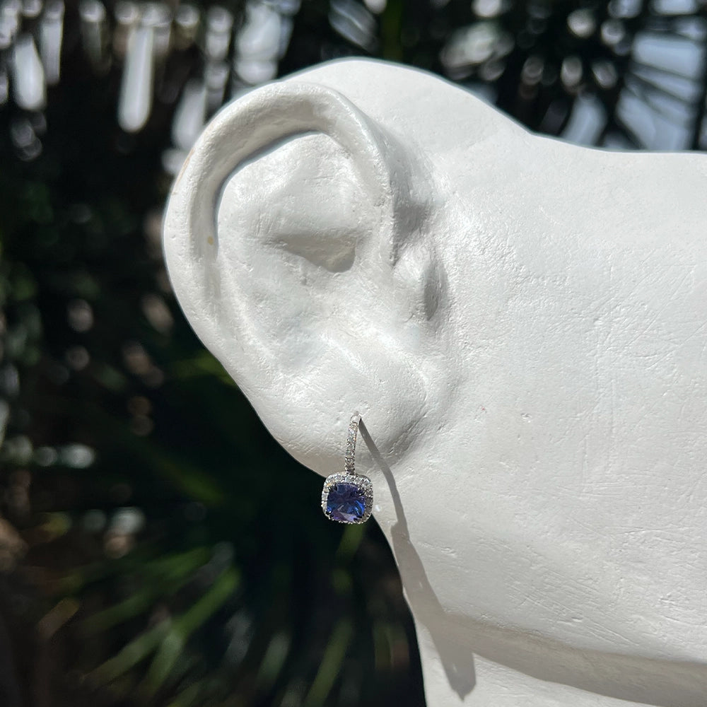 Luvente 14K White Gold Tanzanite and Diamond Halo Leverback Earrings