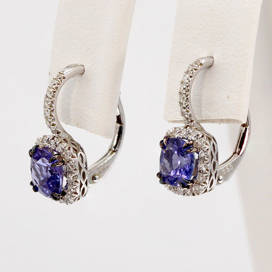 Luvente 14K White Gold Tanzanite and Diamond Halo Leverback Earrings