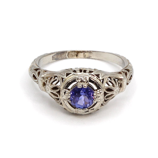 Vintage Art Deco Filigree Ring with 18K White Gold and Tanzanite SIZE 4.25