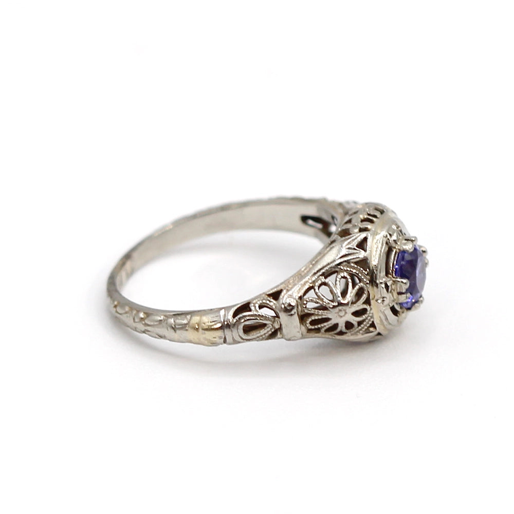 Vintage Art Deco Filigree Ring with 18K White Gold and Tanzanite SIZE 4.25