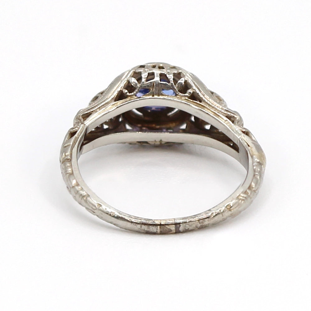 Vintage Art Deco Filigree Ring with 18K White Gold and Tanzanite SIZE 4.25