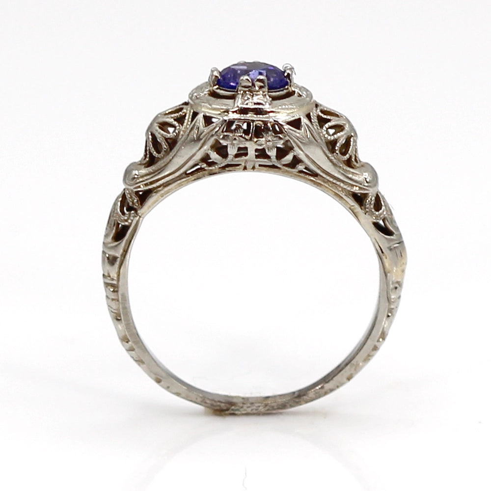 Vintage Art Deco Filigree Ring with 18K White Gold and Tanzanite SIZE 4.25