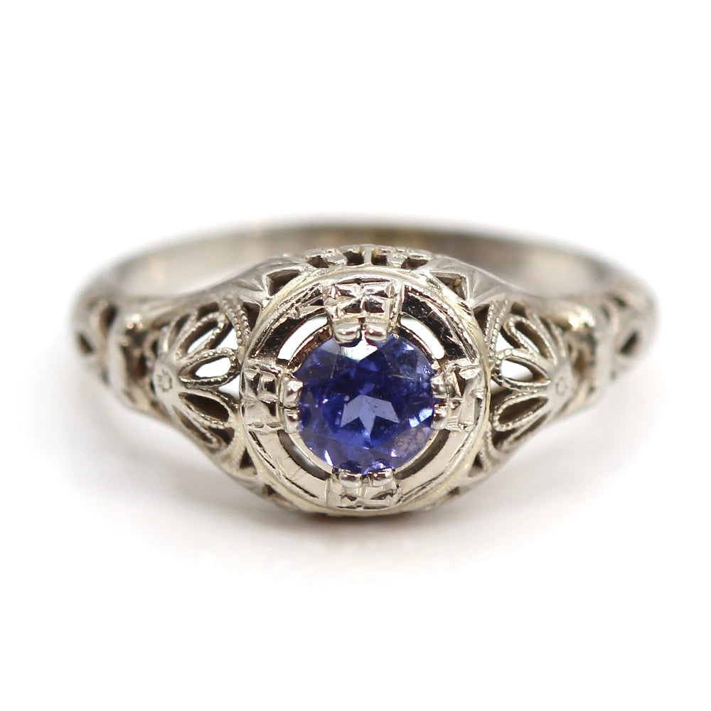 Vintage Art Deco Filigree Ring with 18K White Gold and Tanzanite SIZE 4.25