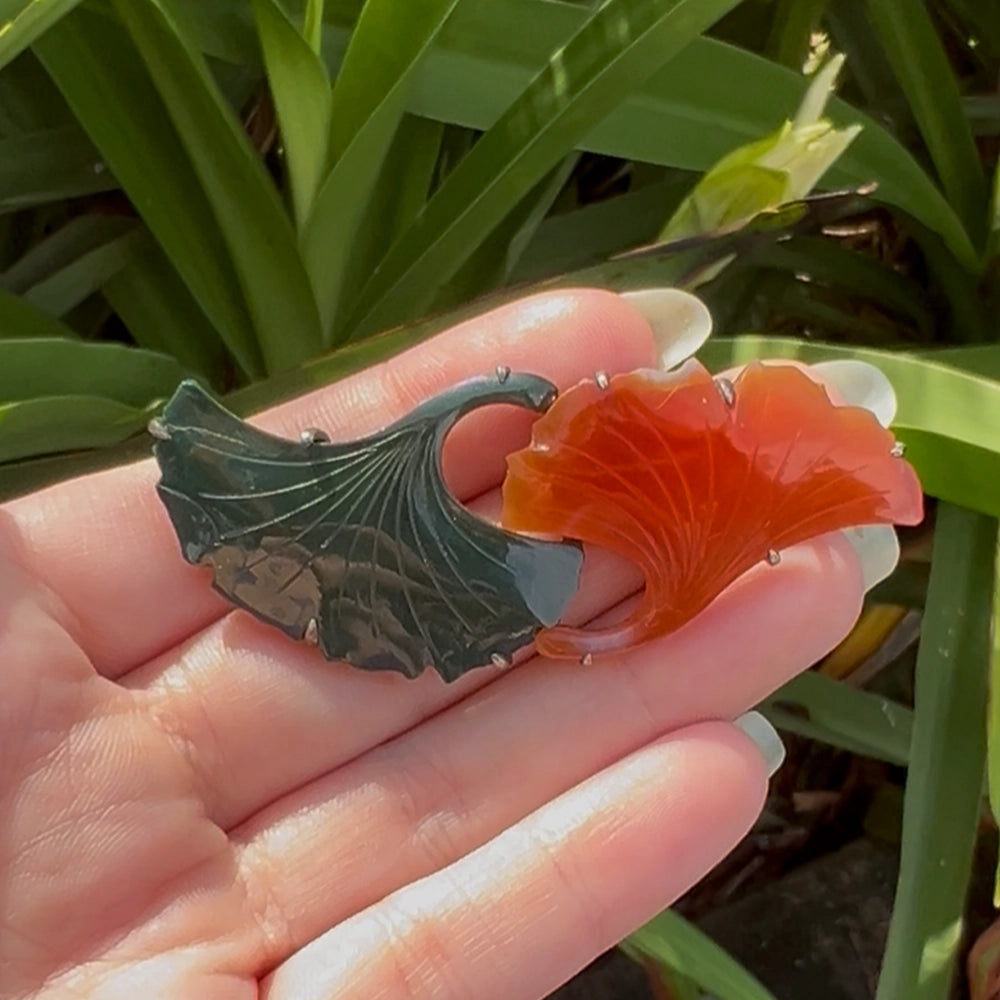 Vintage Silver with Green and Orange Agate Ginko Leaves Obi Dome