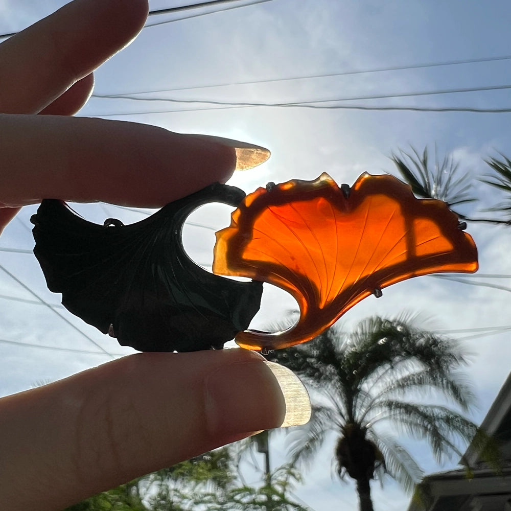 Vintage Silver with Green and Orange Agate Ginko Leaves Obi Dome