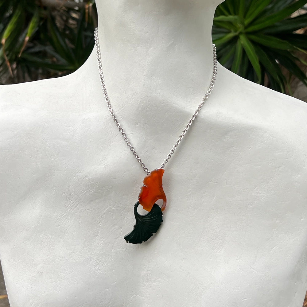 Vintage Silver with Green and Orange Agate Ginko Leaves Obi Dome