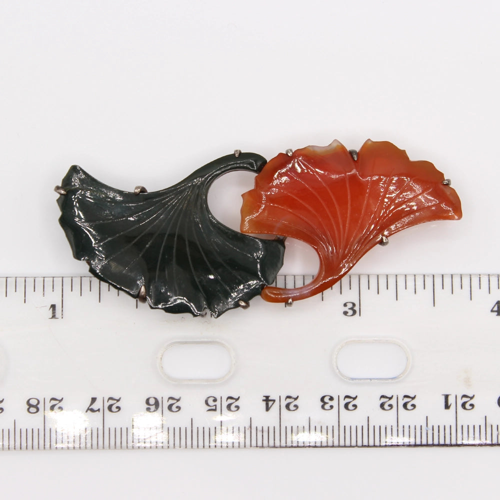 Vintage Silver with Green and Orange Agate Ginko Leaves Obi Dome