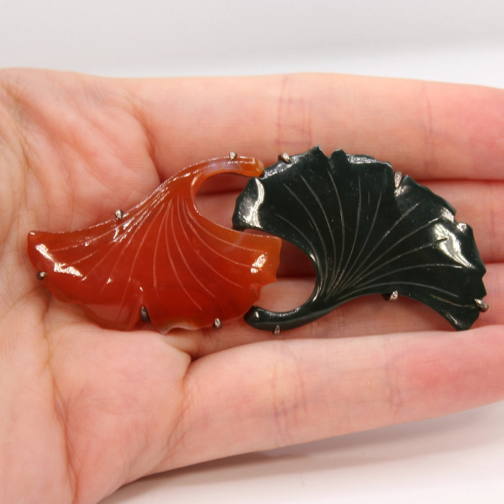 Vintage Silver with Green and Orange Agate Ginko Leaves Obi Dome