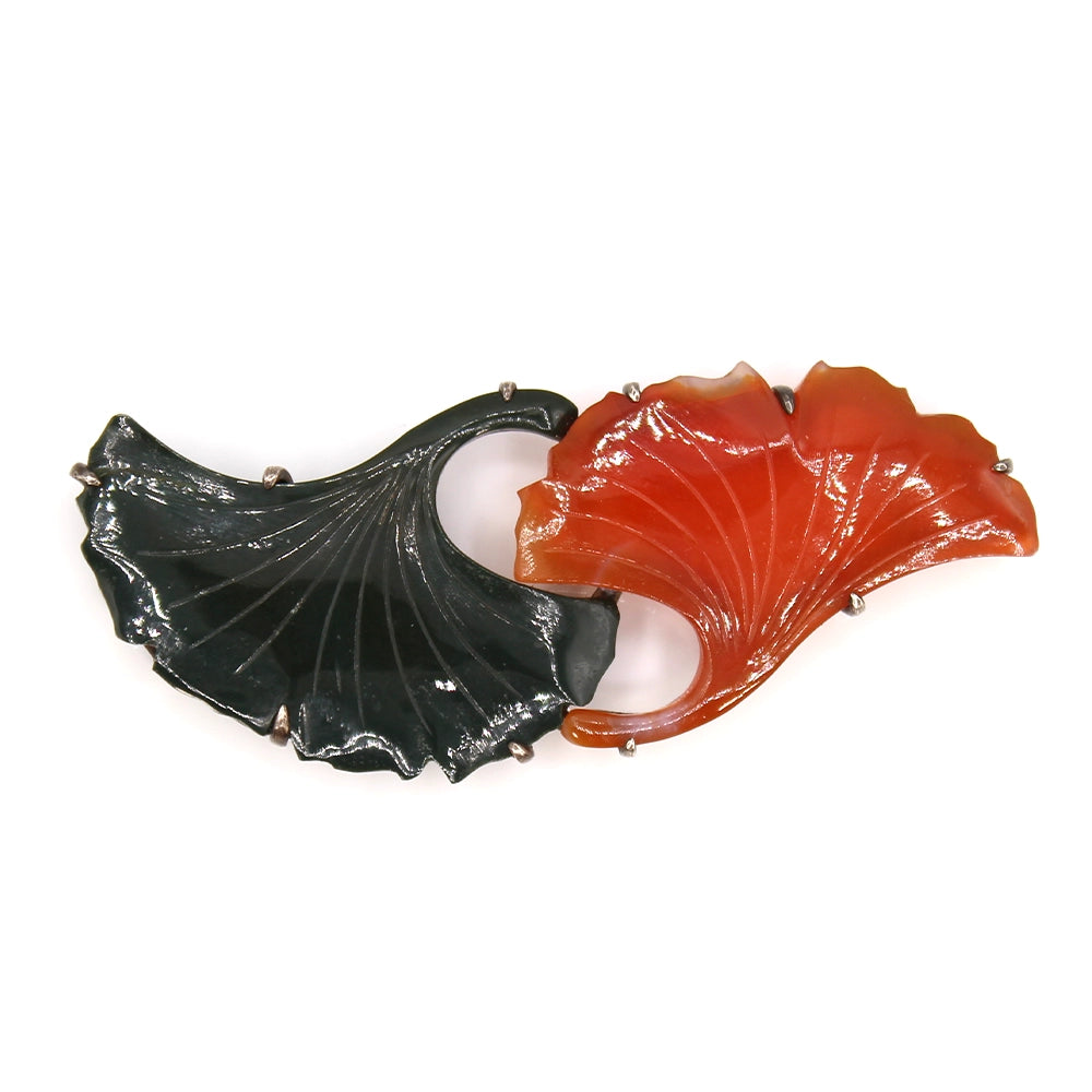 Vintage Silver with Green and Orange Agate Ginko Leaves Obi Dome