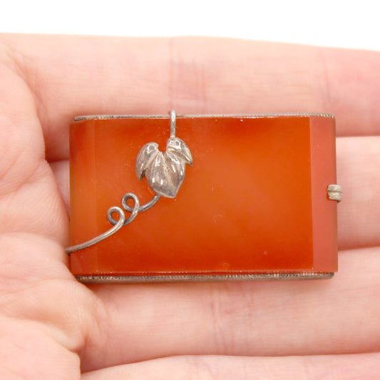 Antique Carnelian and Silver Leaf Brooch