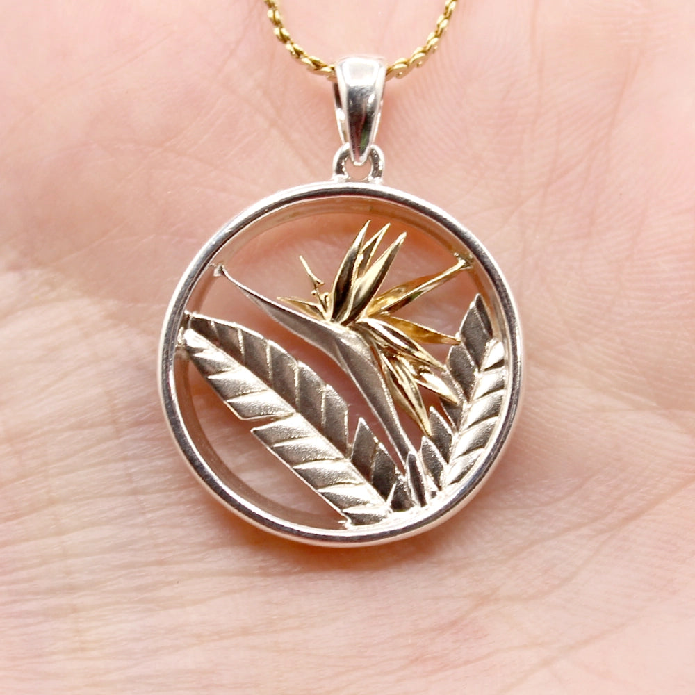 Maui Divers Bird of Paradise Pendant Sterling Silver and 14K Yellow Gold