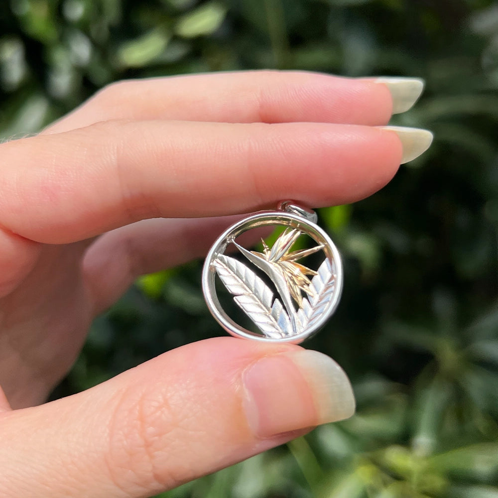 Maui Divers Bird of Paradise Pendant Sterling Silver and 14K Yellow Gold