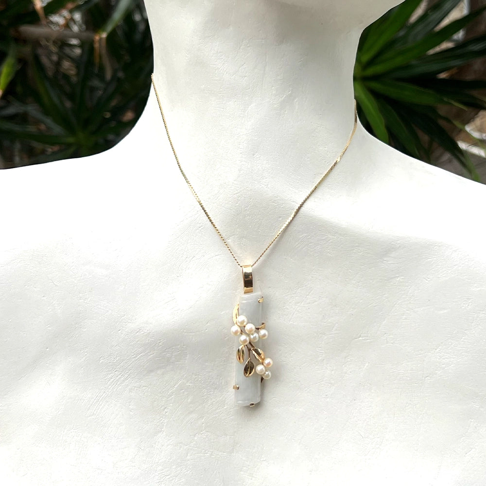 Vintage Ming’s 14K Yellow Gold Gray Jade and Pearl Bamboo Pendant