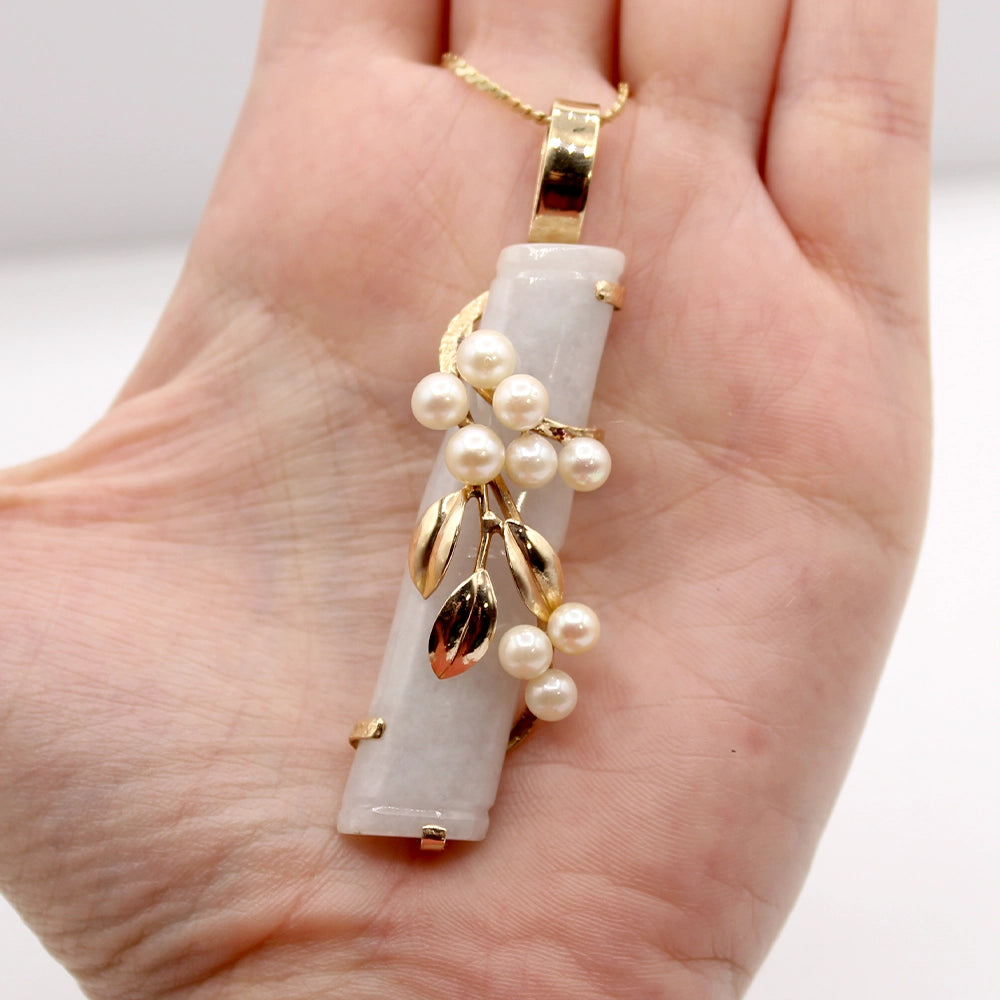 Vintage Ming’s 14K Yellow Gold Gray Jade and Pearl Bamboo Pendant