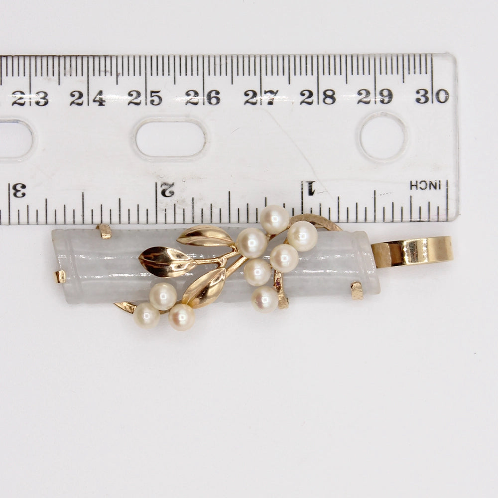 Vintage Ming’s 14K Yellow Gold Gray Jade and Pearl Bamboo Pendant